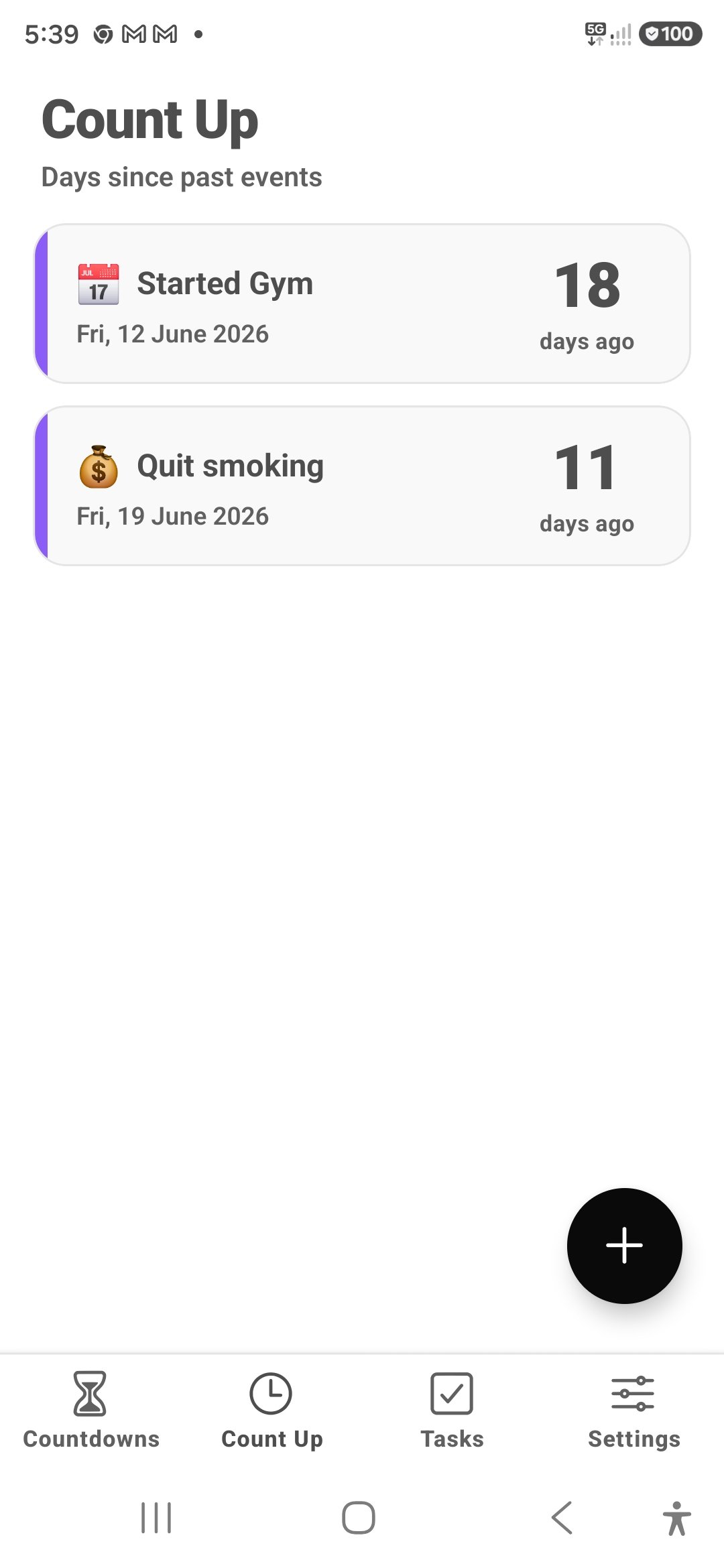 days2go Count Up screen showing days since past milestones