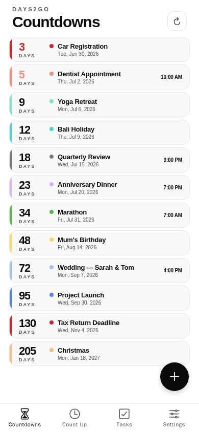 days2go app showing visual countdowns to upcoming events